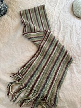 Carroll Striped Fringe Knit Scarf in Sage, Mauve & Cream
